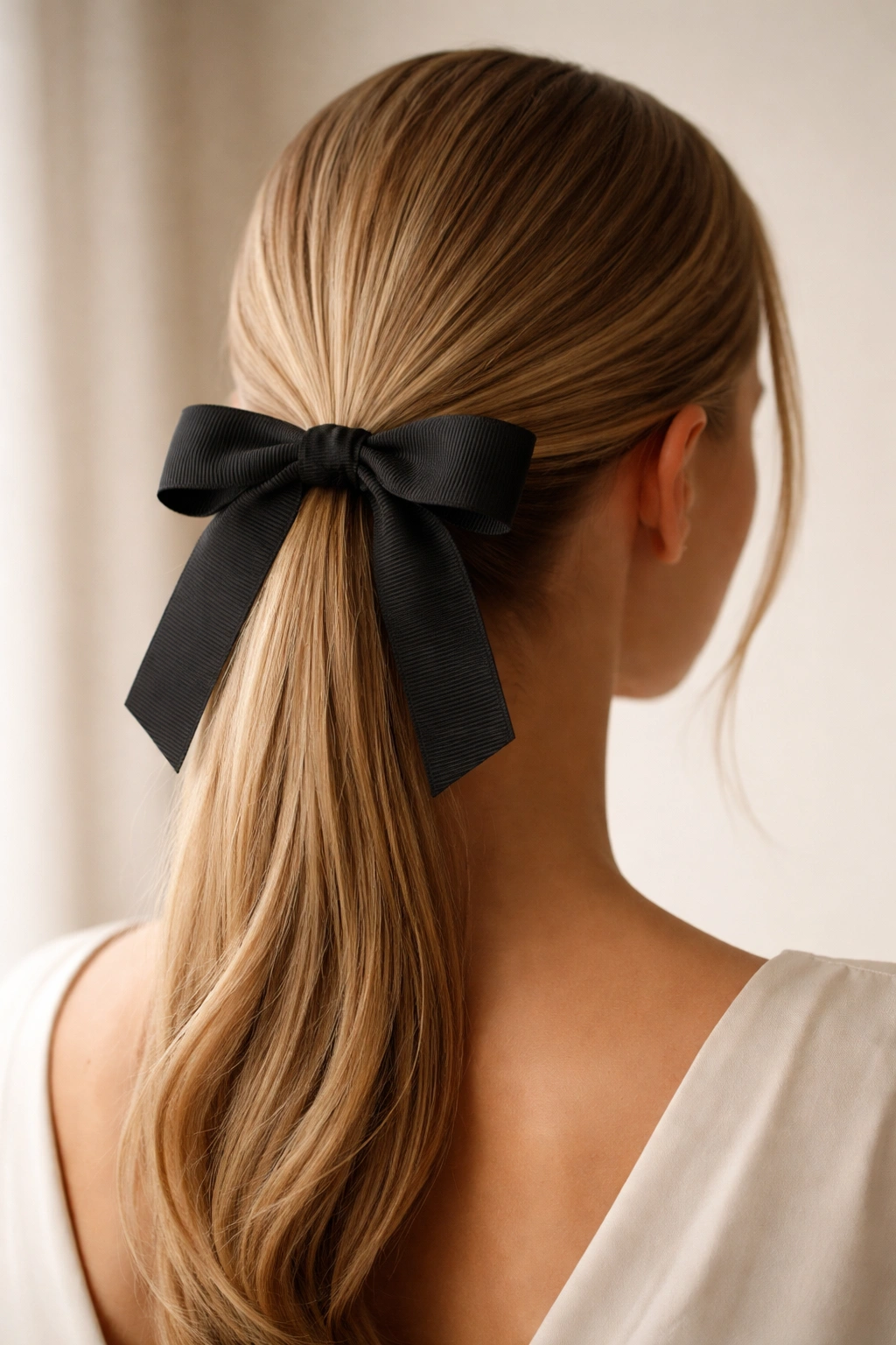 Mid-height sleek ponytail with a textured grosgrain bow