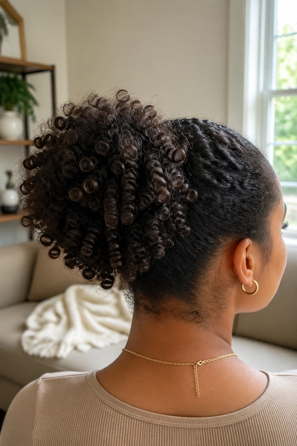Back-of-head view of a real woman with a round mid-height puff ponytail
