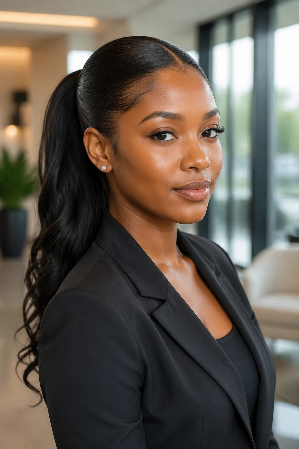 Real Black woman with mid-height sleek middle-part ponytail in a bright office