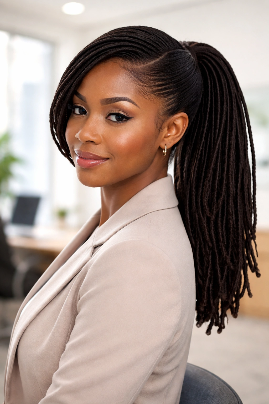 Mid-height swoop locs in a neat, office-ready style