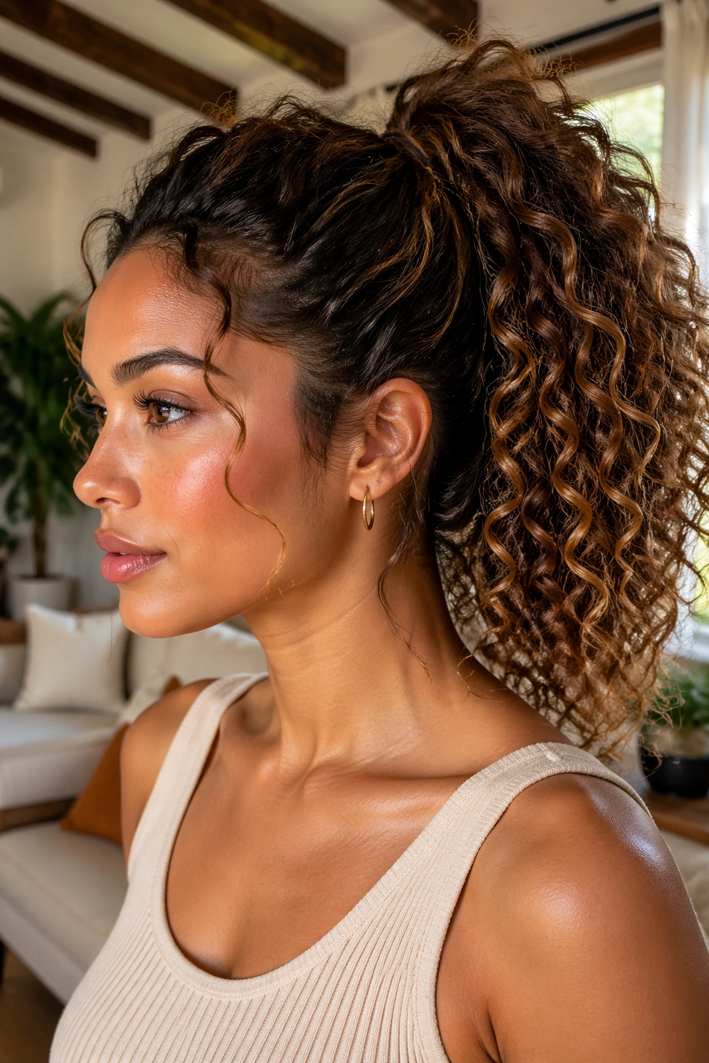 Close-up of a real woman with a mid-height volume ponytail under warm daylight