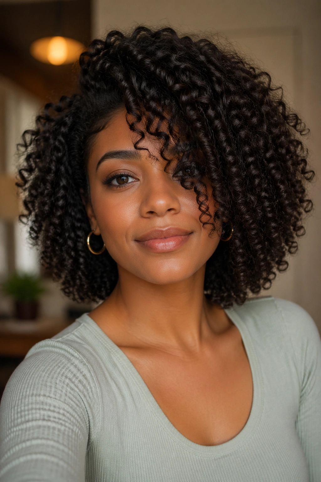 Close-up of a real person showing mid-length curly side bangs resting at the cheekbone.