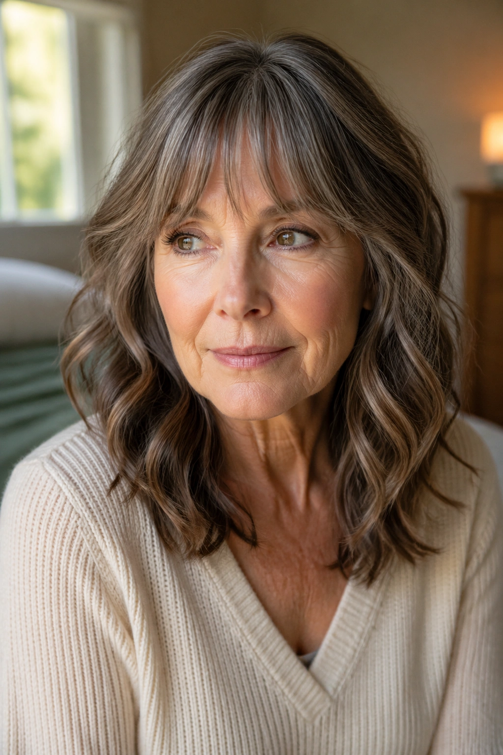 Close-up of a real woman with mid-length waves and bottleneck bangs in a soft window-lit bedroom