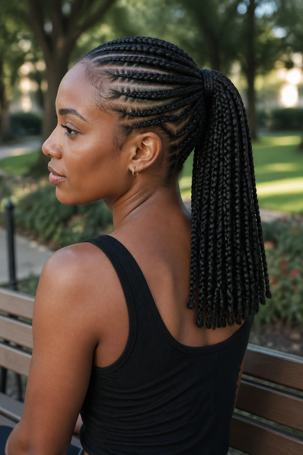 Real woman with mid-length feed-in pony at shoulder blade length
