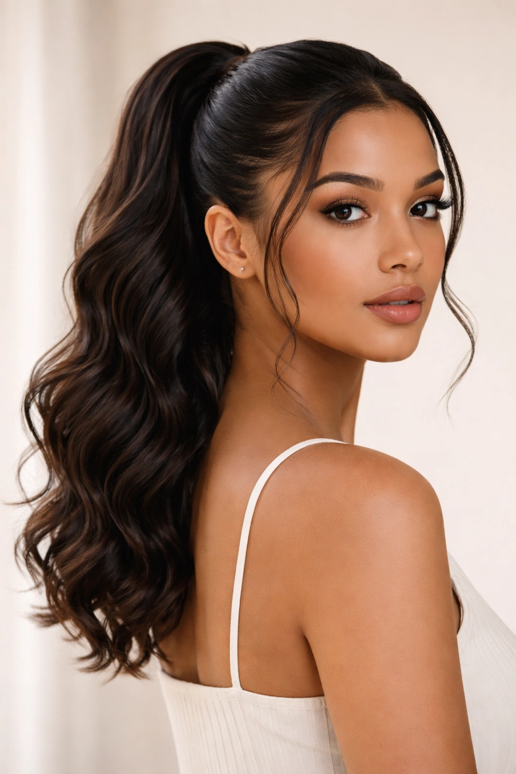 Mid-length weave ponytail on wavy hair with a clean base and soft bend