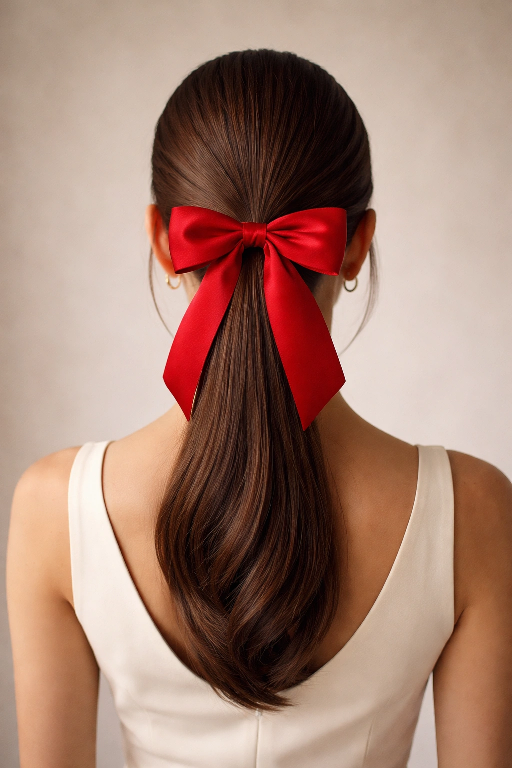 Mid-level ponytail with a red bow as focal point on a neutral background