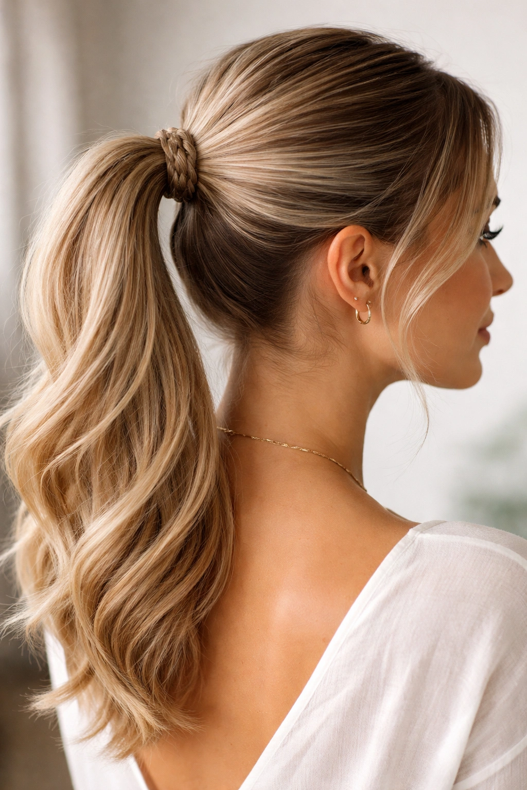 Mid ponytail featuring a wrapped braid around the base