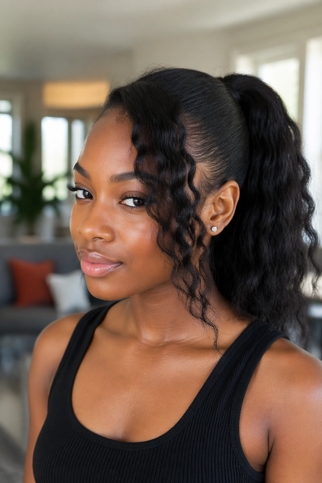 Close-up of a real Black woman with a mid ponytail and crimped side bang in bright light.