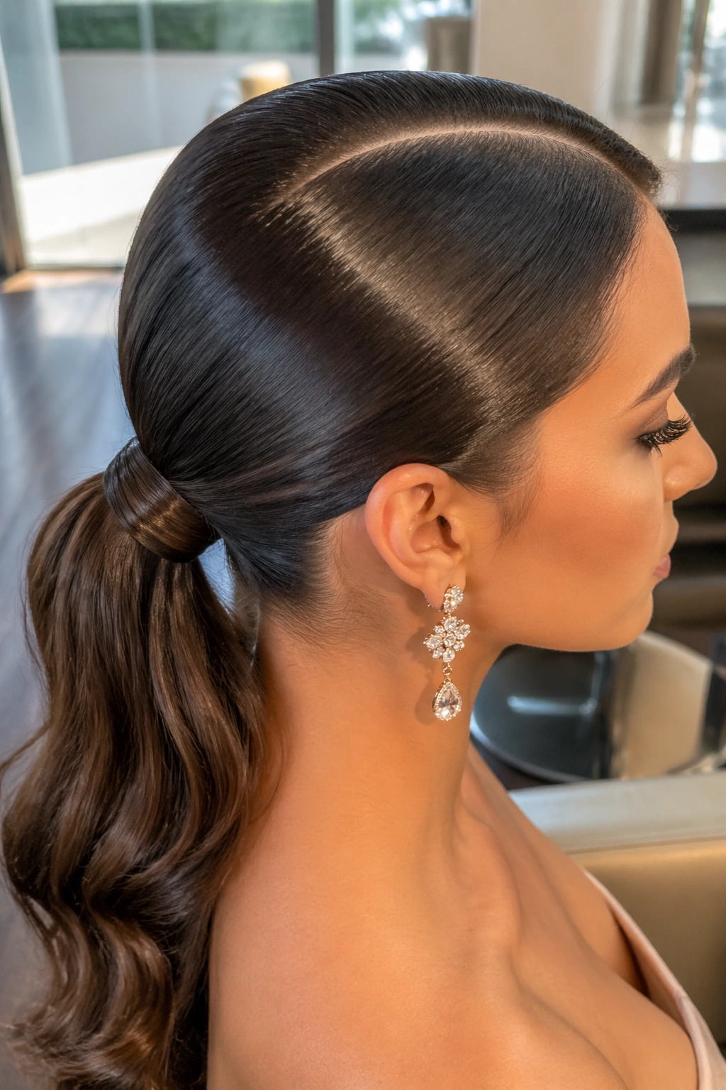 Close-up of Sleek Mid Ponytail with Deep Side Part in a salon