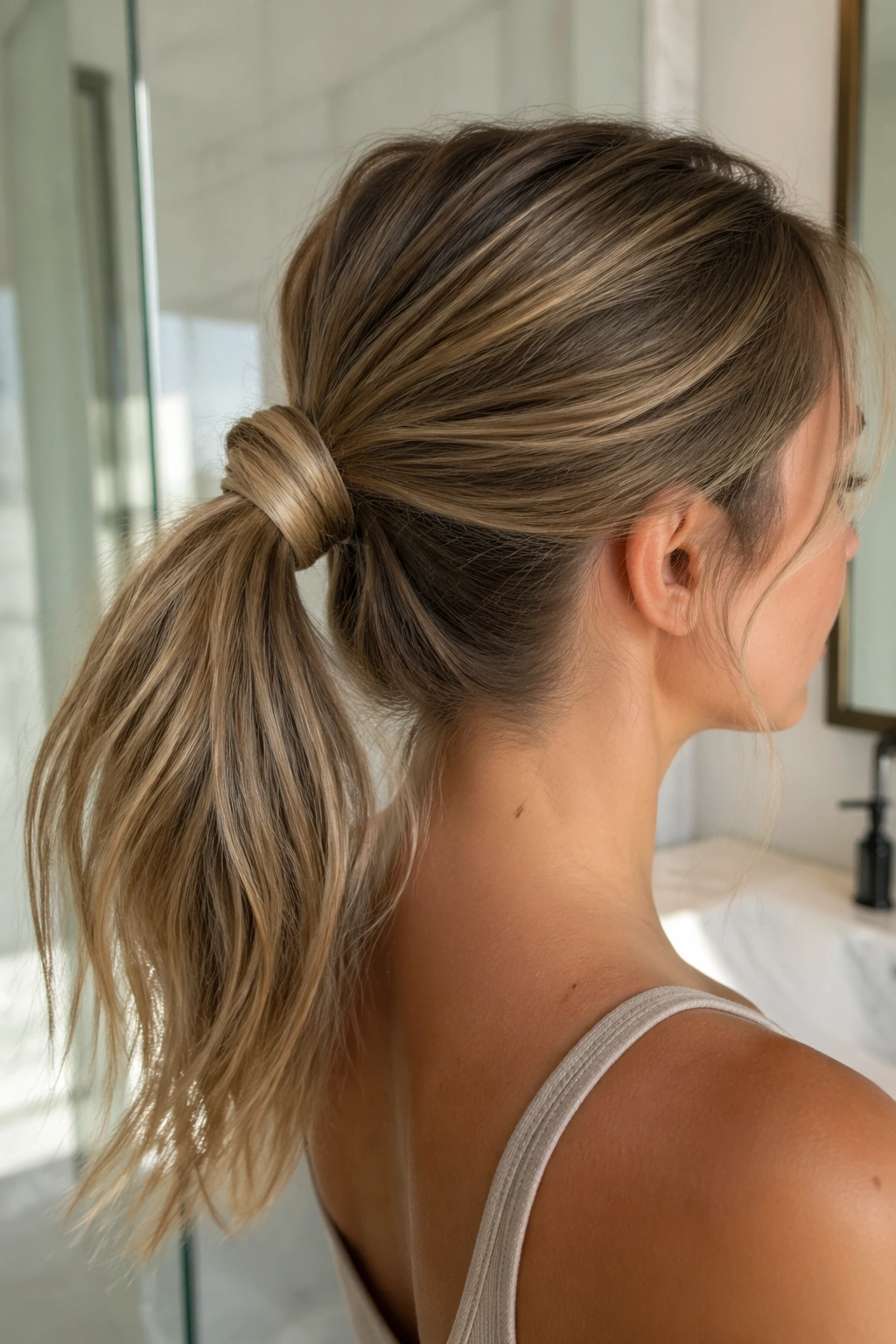 Side-profile close-up of a mid-ponytail with a flip base and loop