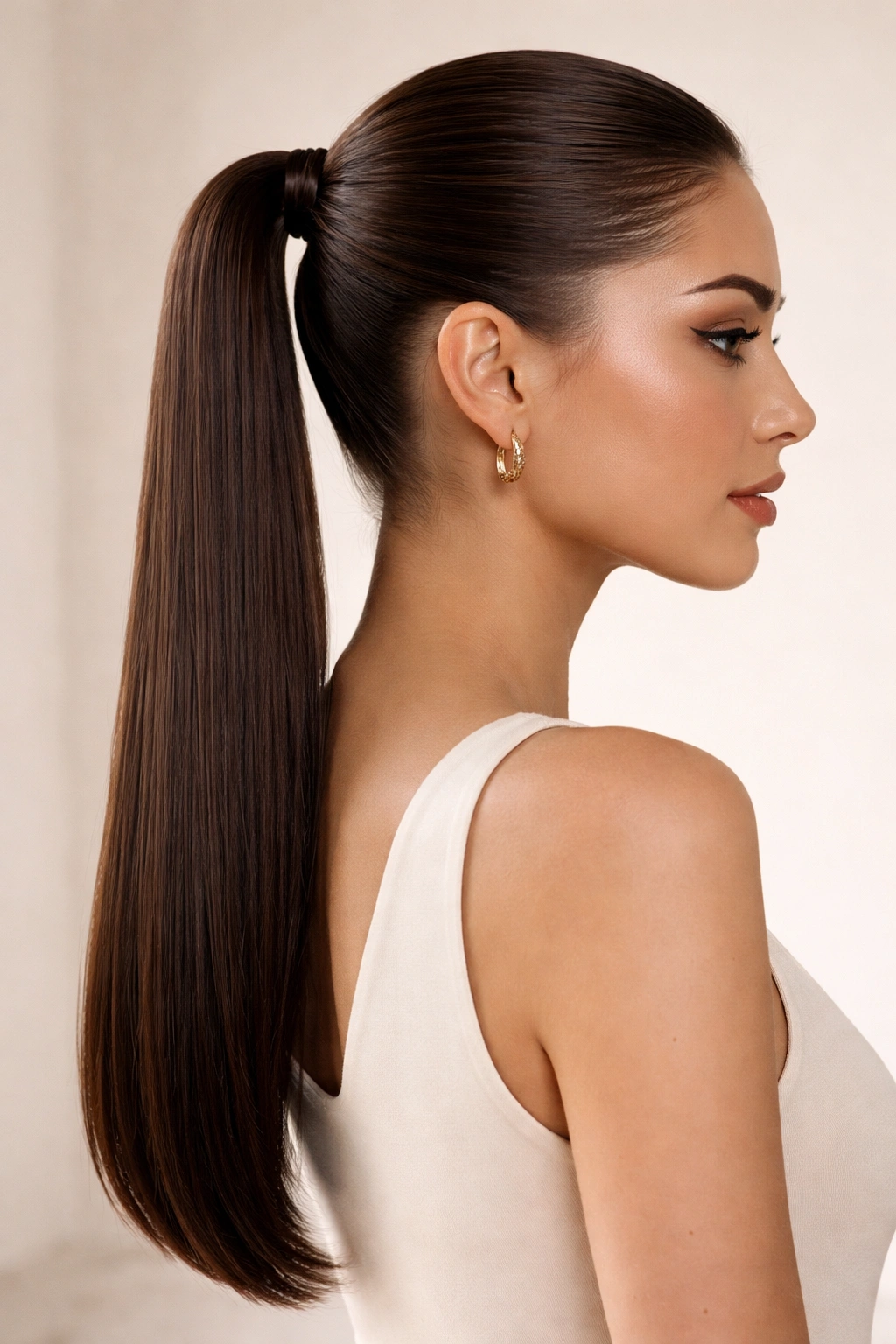 Glossy straight mid ponytail with perfect shine