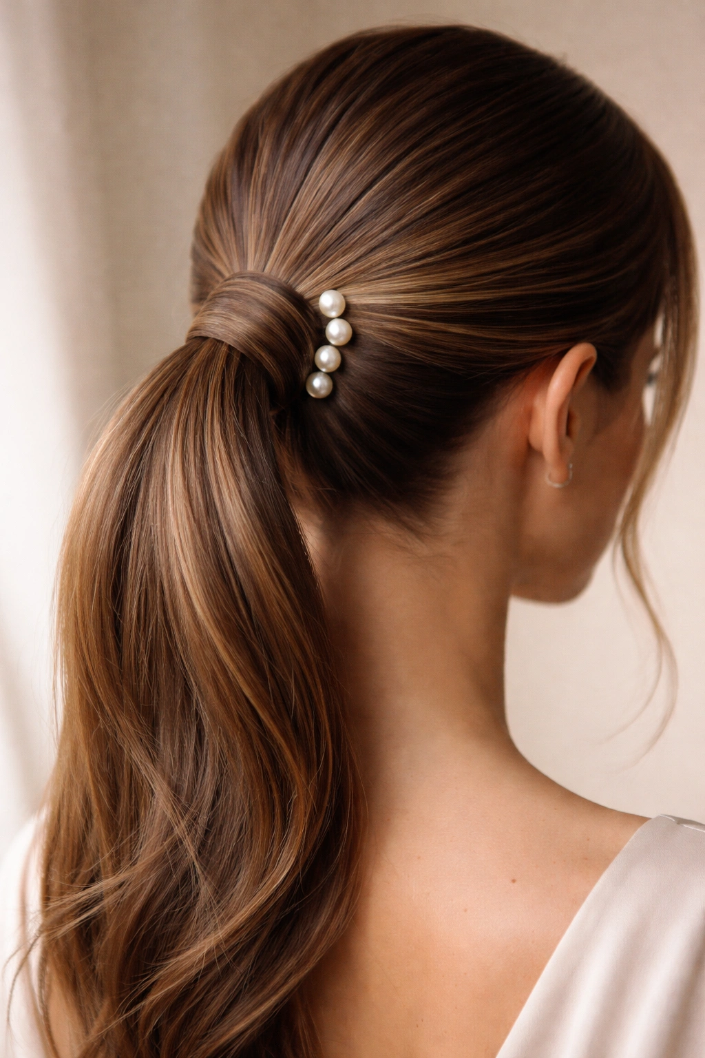 Close-up of a mid ponytail with pearl pins near the elastic and smooth wrap