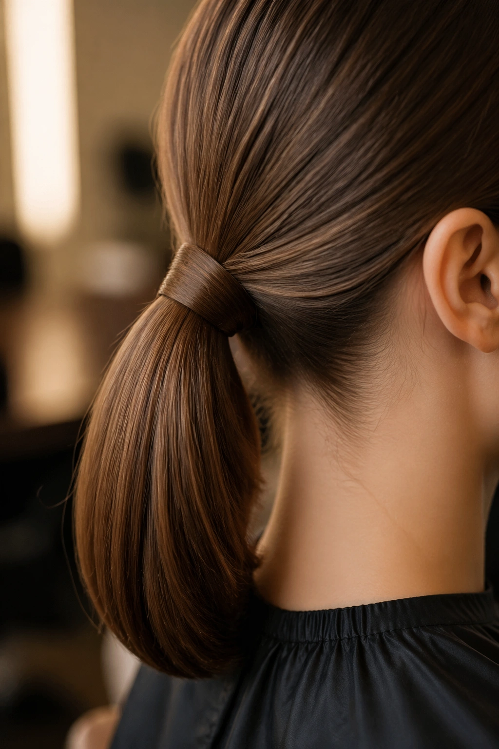 Tucked-Under mid ponytail close-up showing tucked ends beneath base