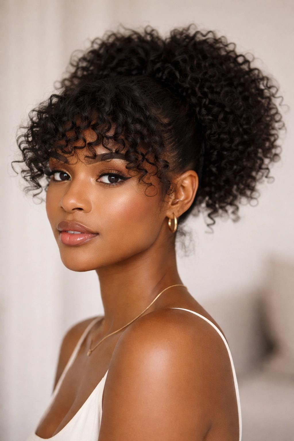 Mid-height puff ponytail with soft coil bangs framing the forehead