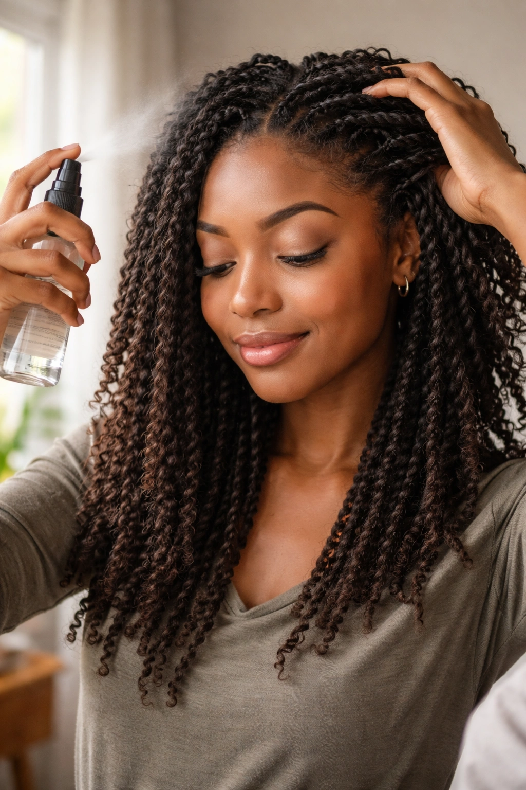 Close-up of a real person with refreshed kinky twists mid-wear