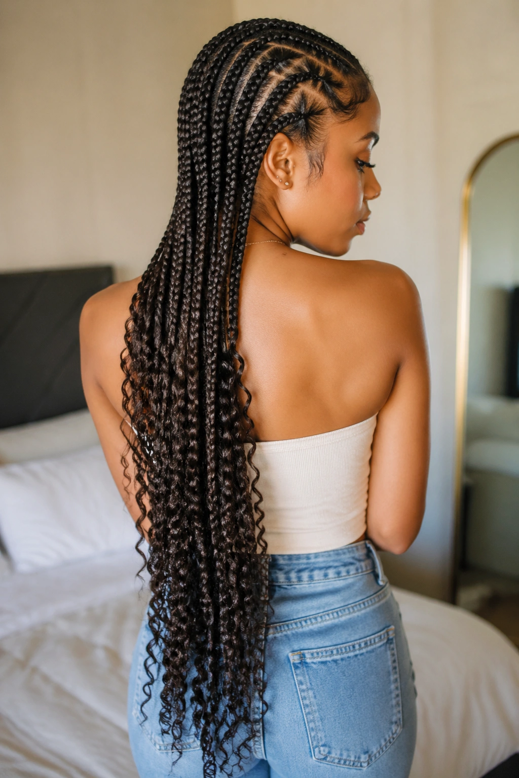 Back-of-head view of waist-length cornrows with curls starting mid-braid