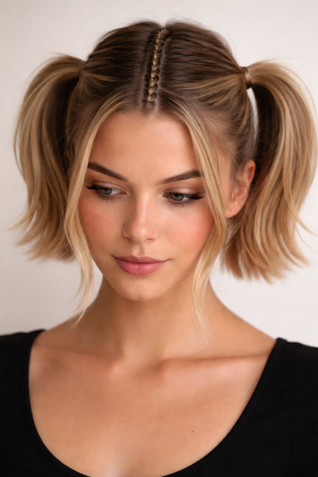 Front view of short hair with a slim middle braid and two behind-pigtails