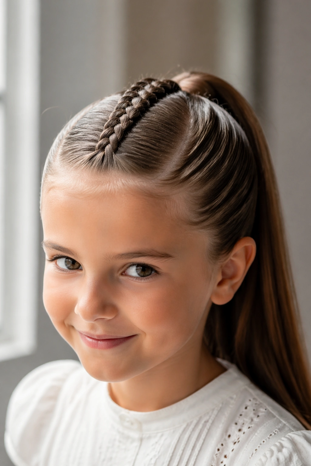 Close-up of a real child with a middle braid joining a ponytail