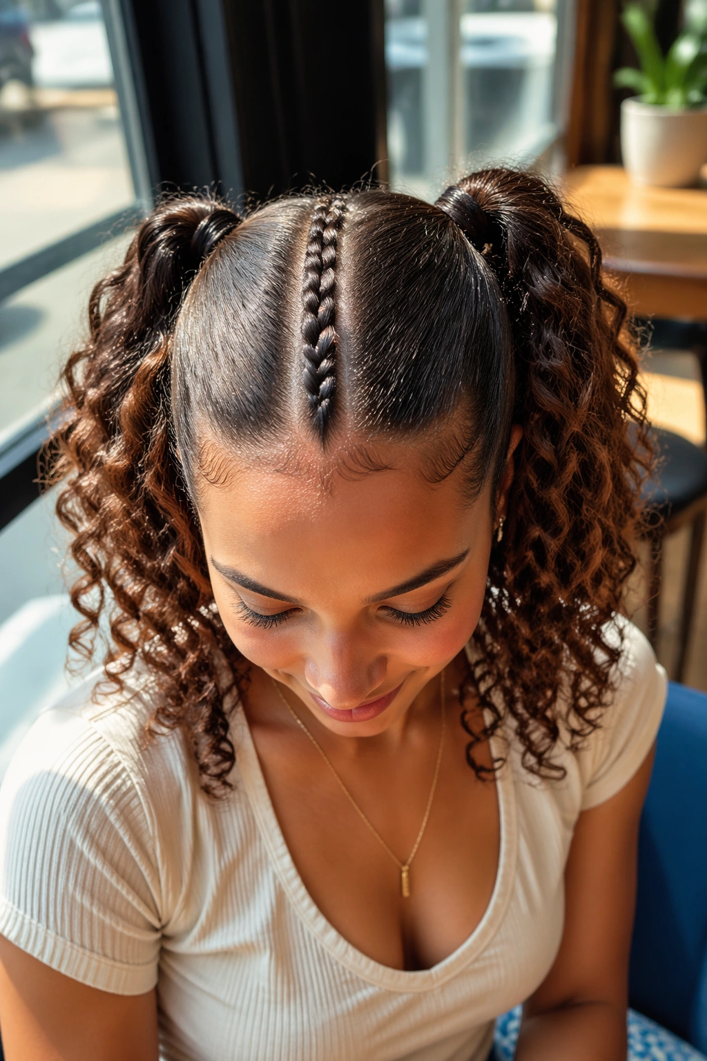 Close-up of a real woman with a middle braid between twin ponytails