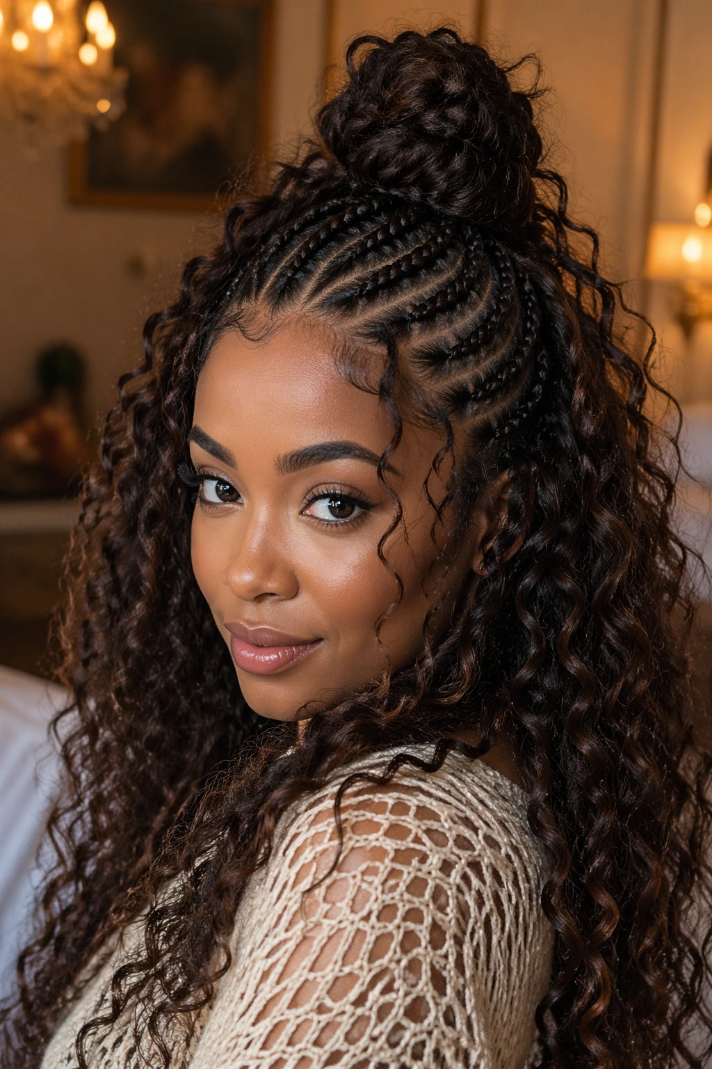 Close-up of a real woman with a middle bun accent among bohemian cornrows.