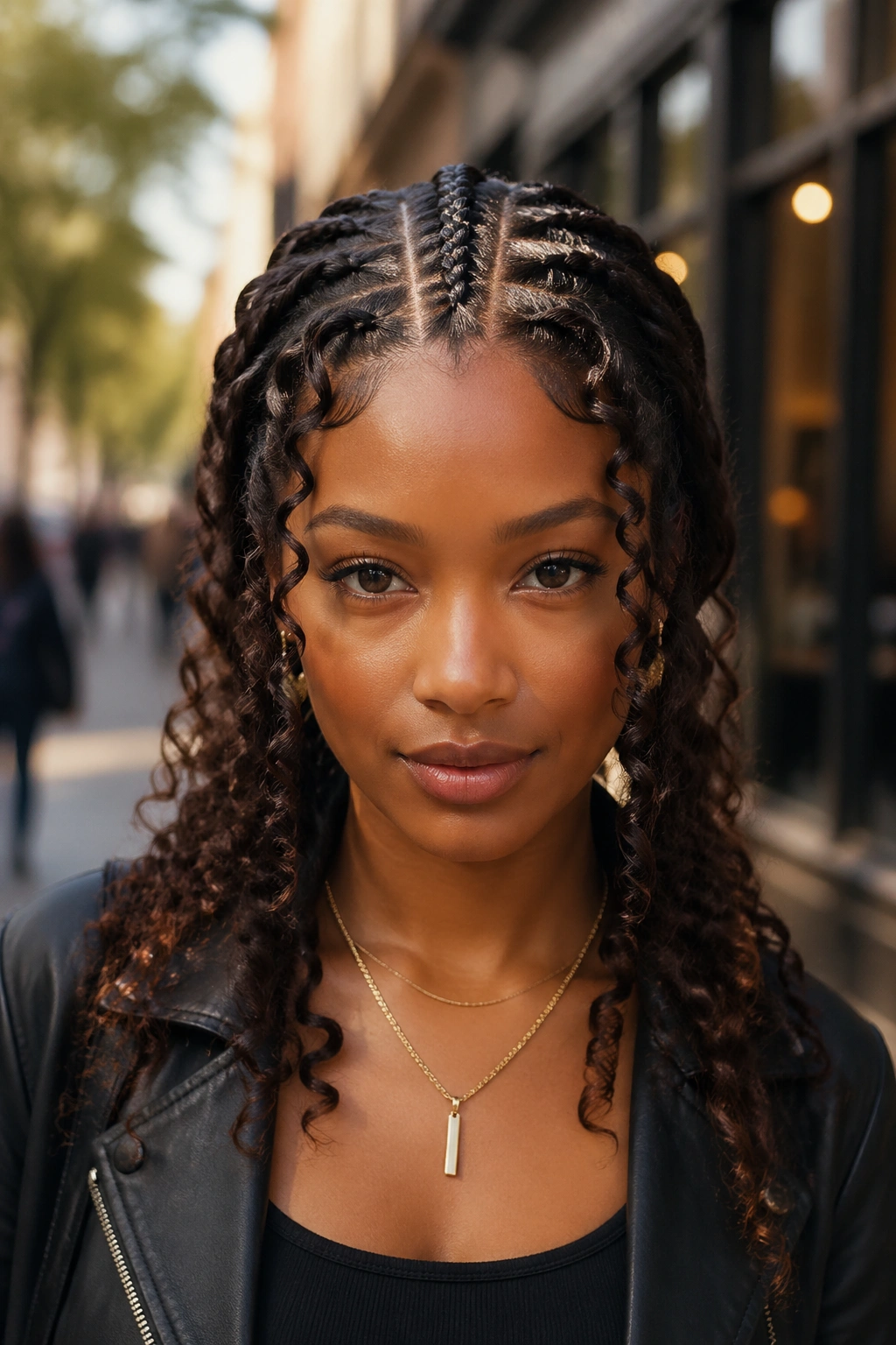 Front portrait of a real woman with middle cornrow stripe and curls on the sides.