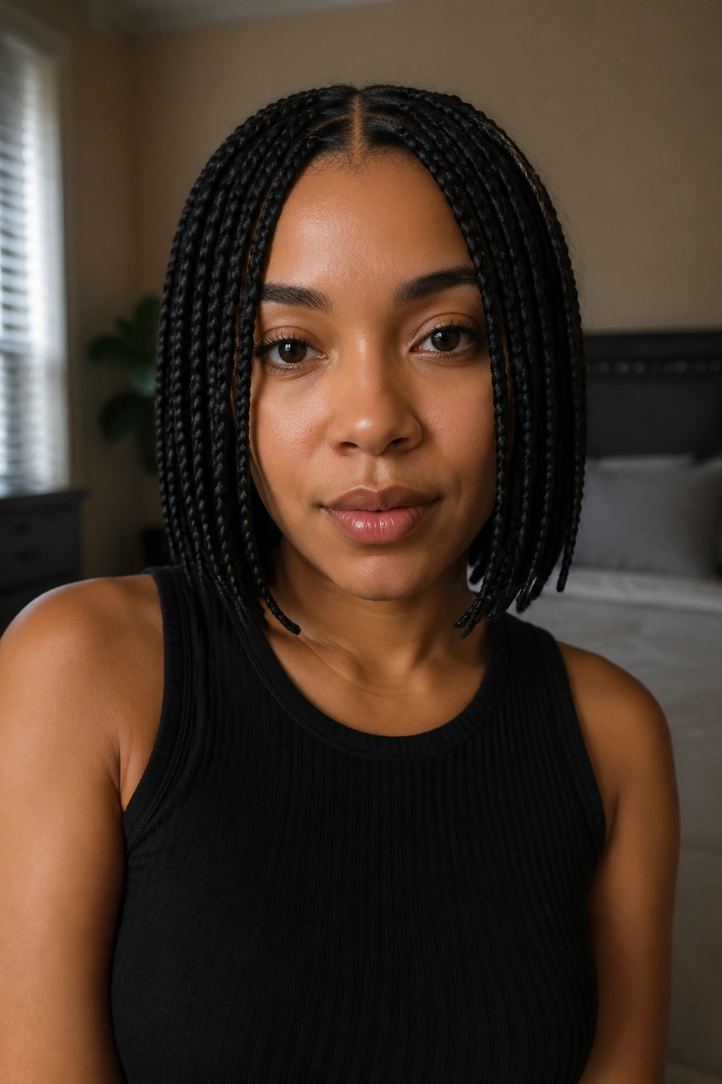 Real woman with middle-part bob-length box braids