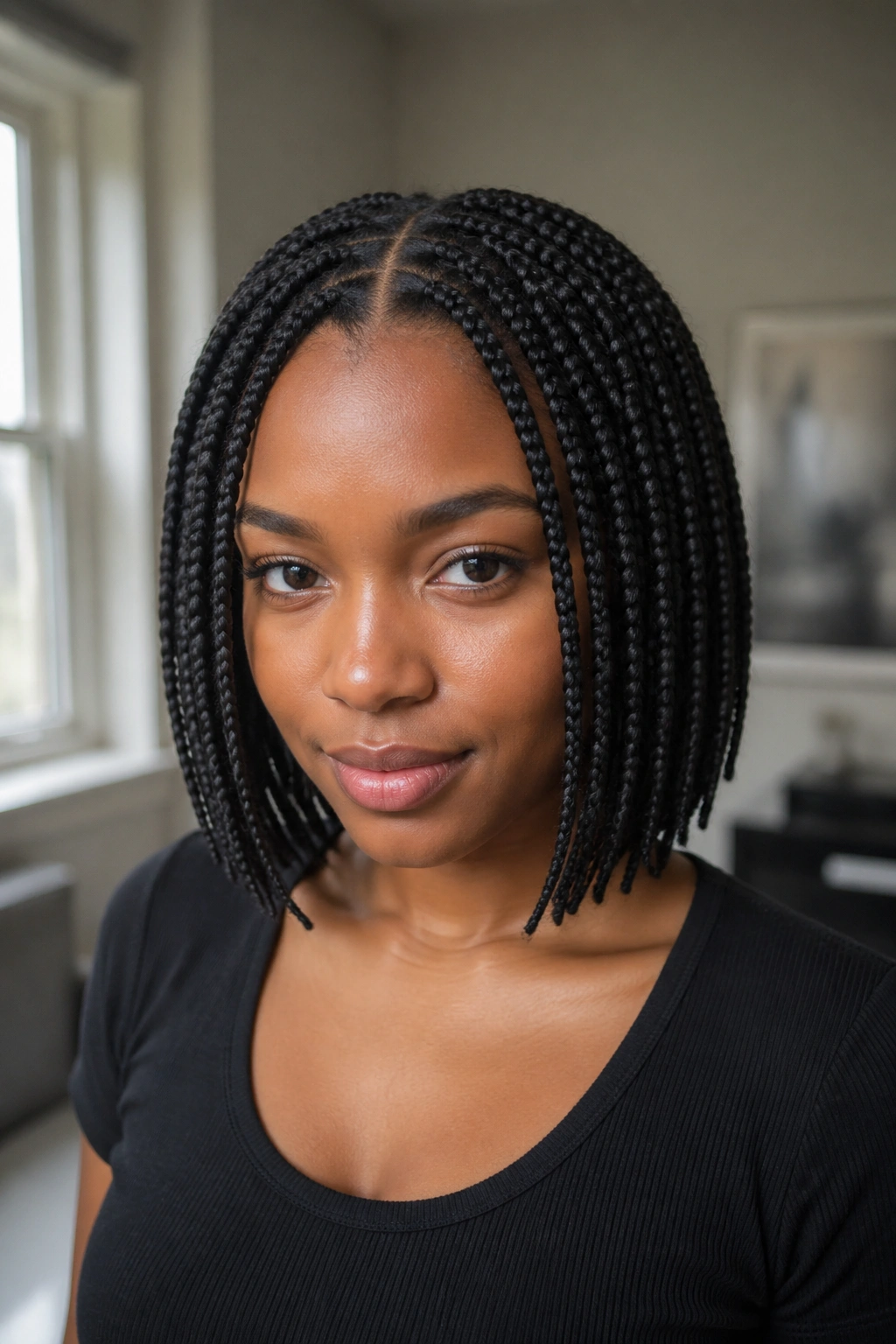 Close-up of a woman with a middle-part short box braids in a softly lit room