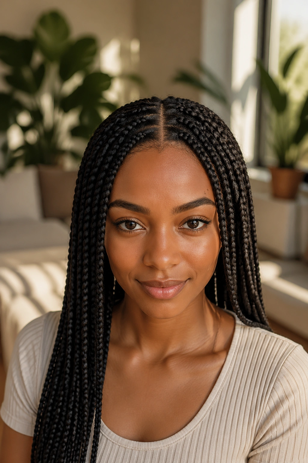 Close-up of a real person with middle-part box braids
