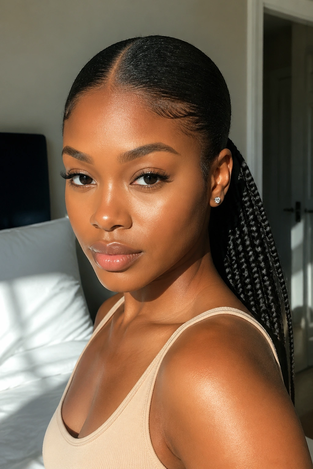 Close-up of middle-part braided ponytail with a sleek base on a real person in bright morning light