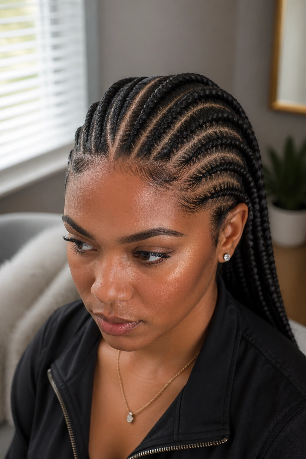Close-up of a real person with a middle-part cornrows