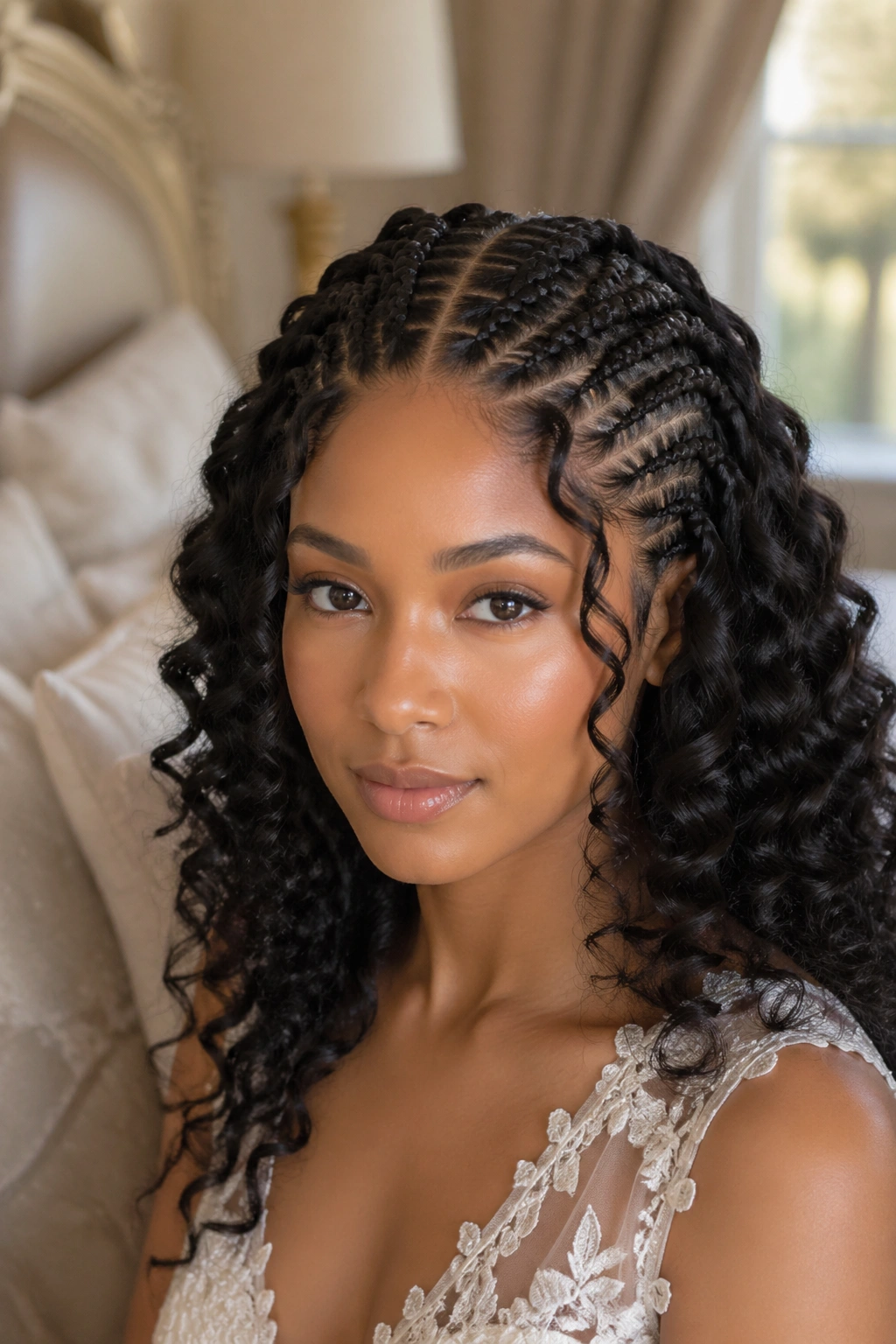 Portrait of middle-part cornrows fading into soft romantic curls in bridal setting.