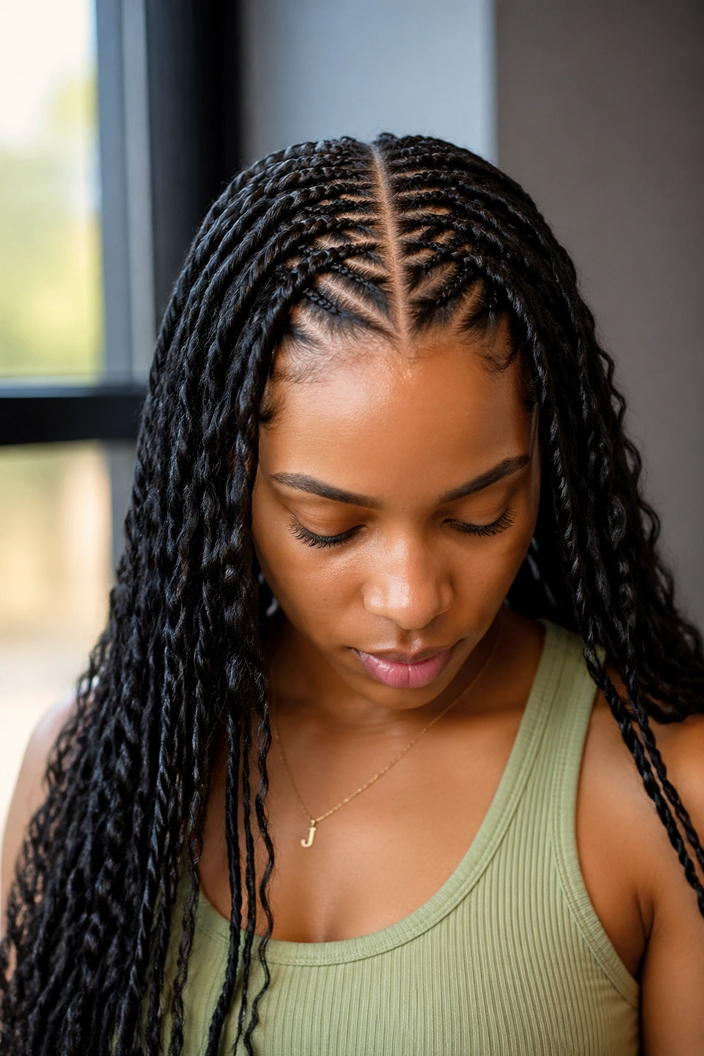 Close-up portrait with middle part and two symmetric cornrow clusters.