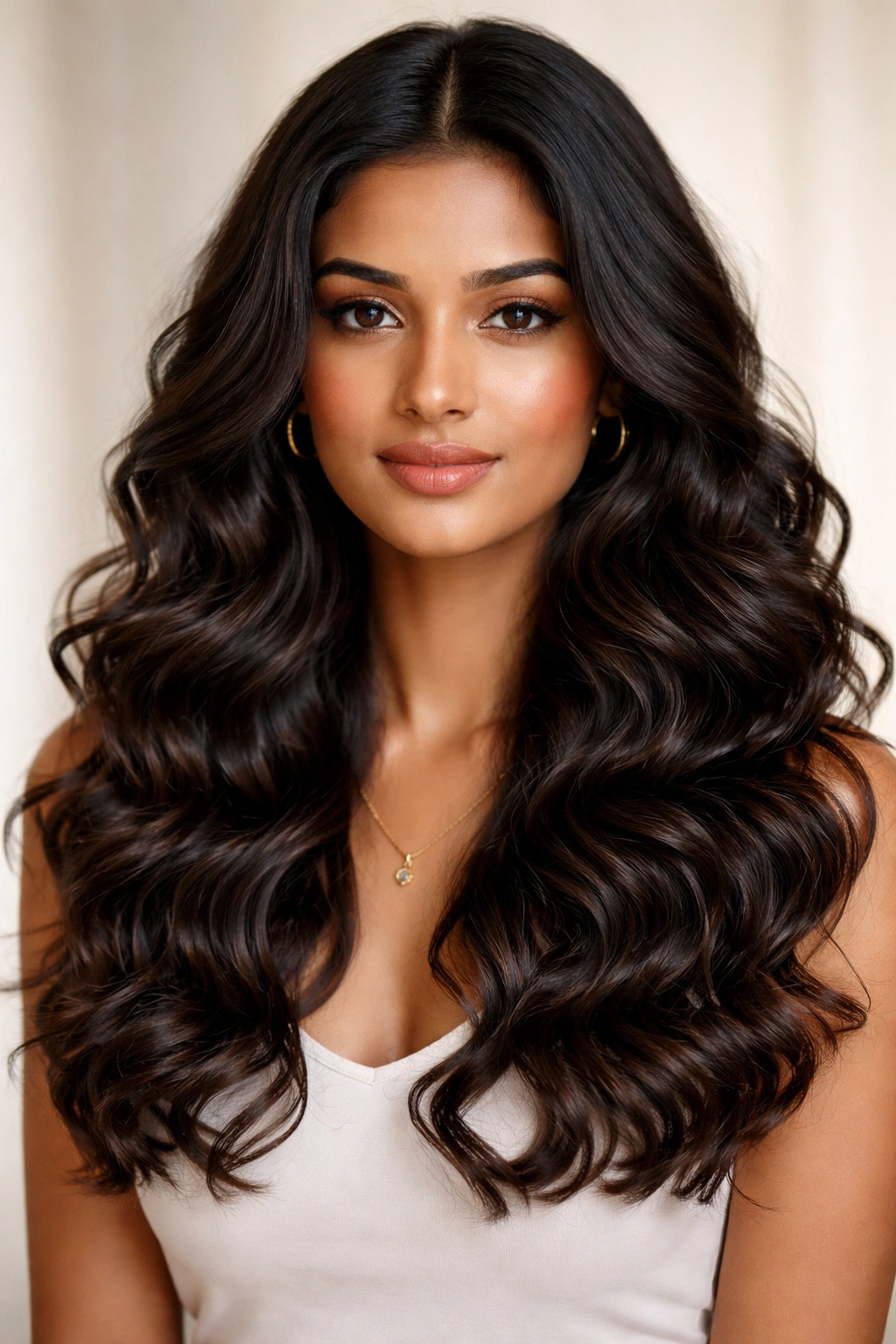 Front view of middle-parted curls with a glossy finish
