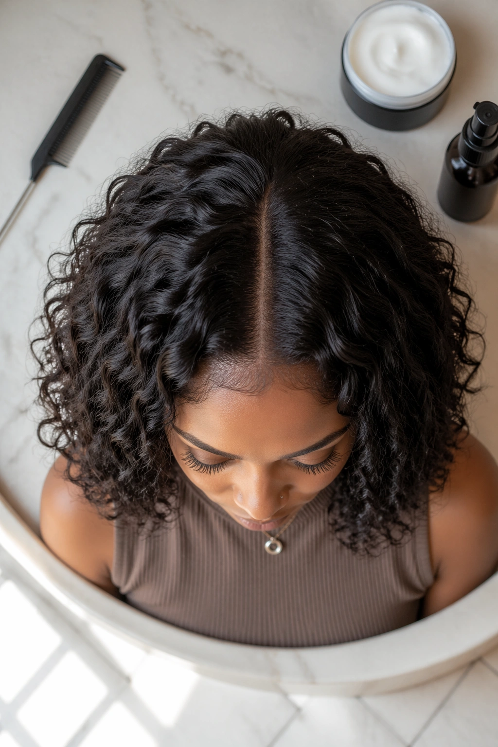 Overhead flat-lay of middle-part curly bob setup.