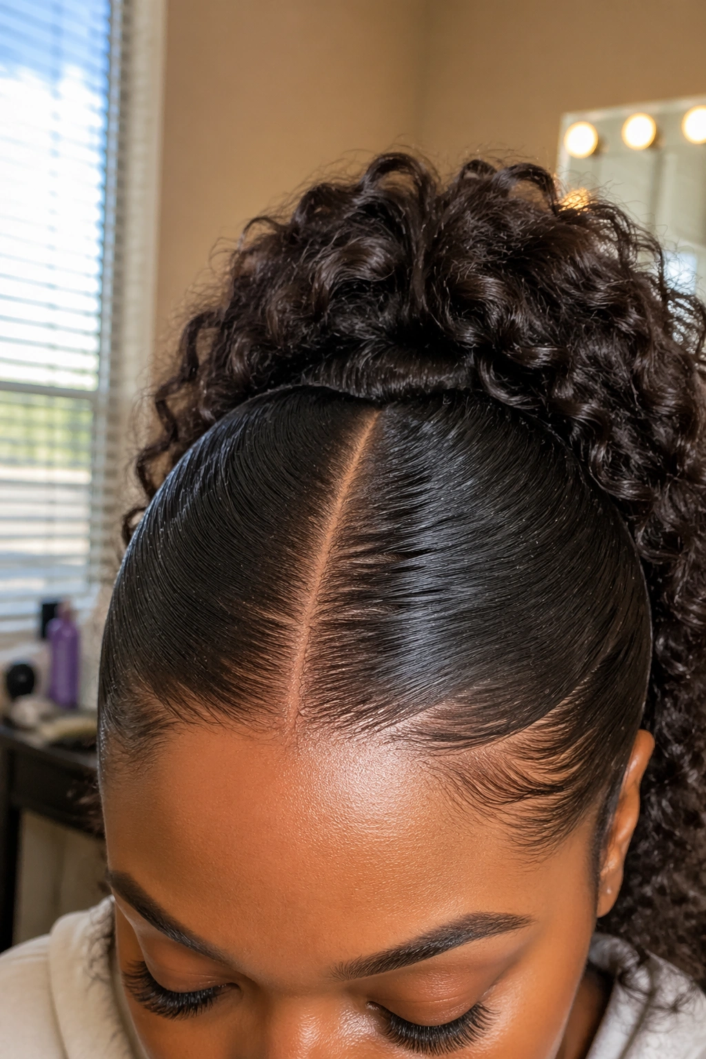 Close-up on middle part and smooth crown of a curly ponytail.