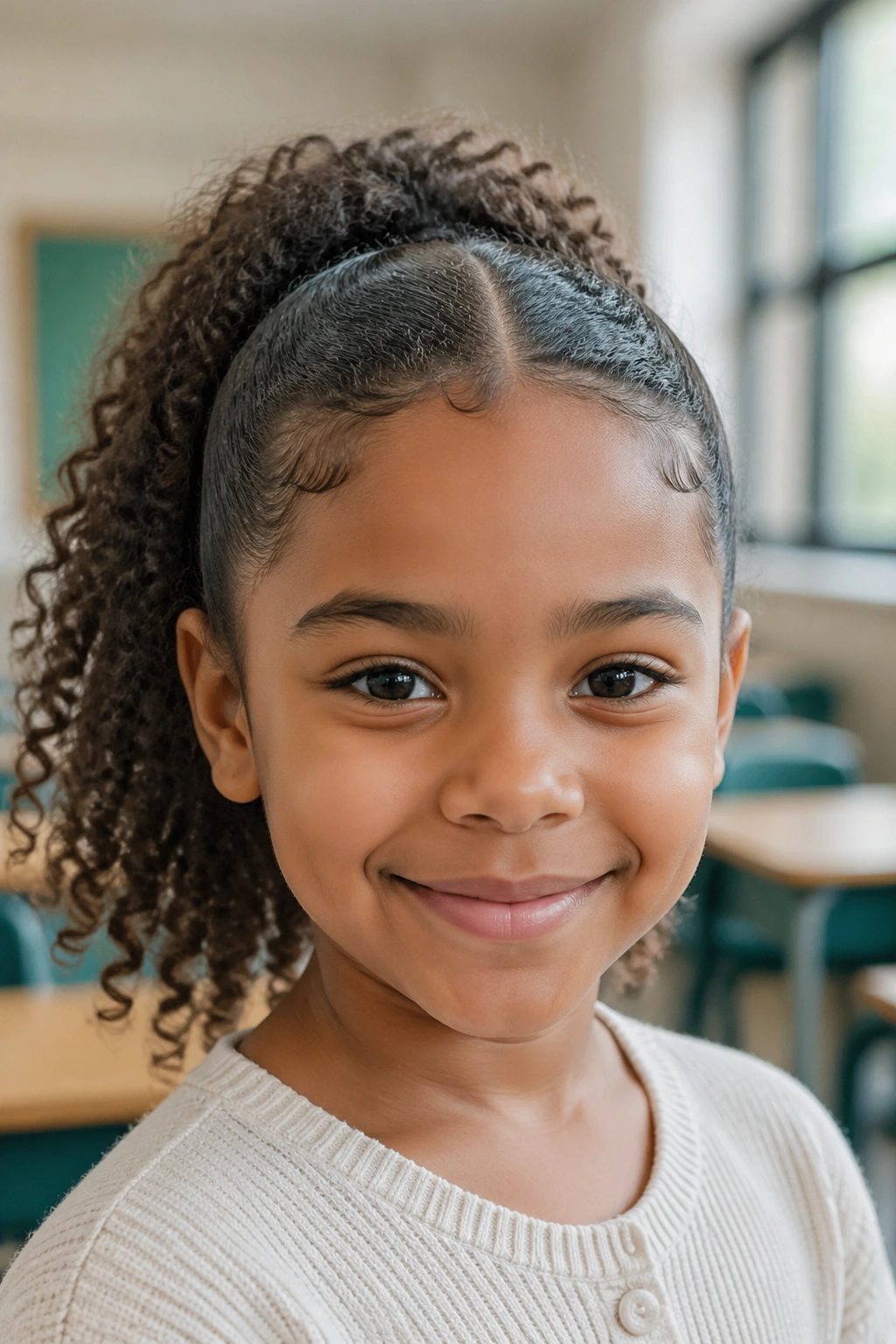 Real child with middle-part curly ponytail in a classroom-like setting