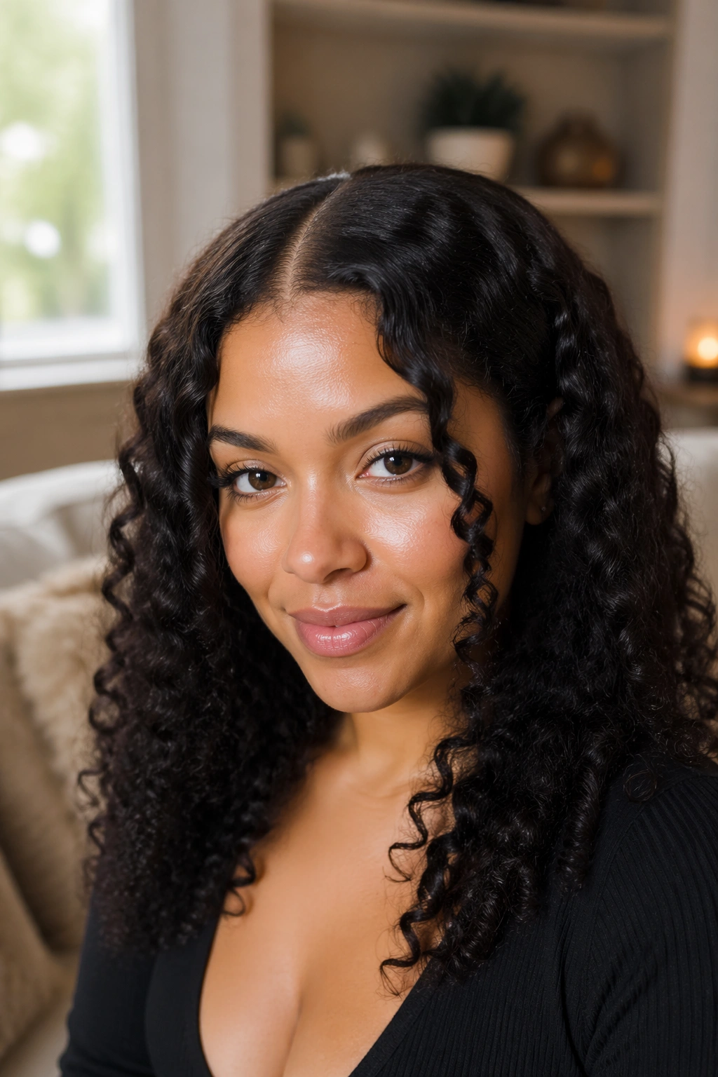 Portrait of a real woman with a middle part and face-framing curls around her face.