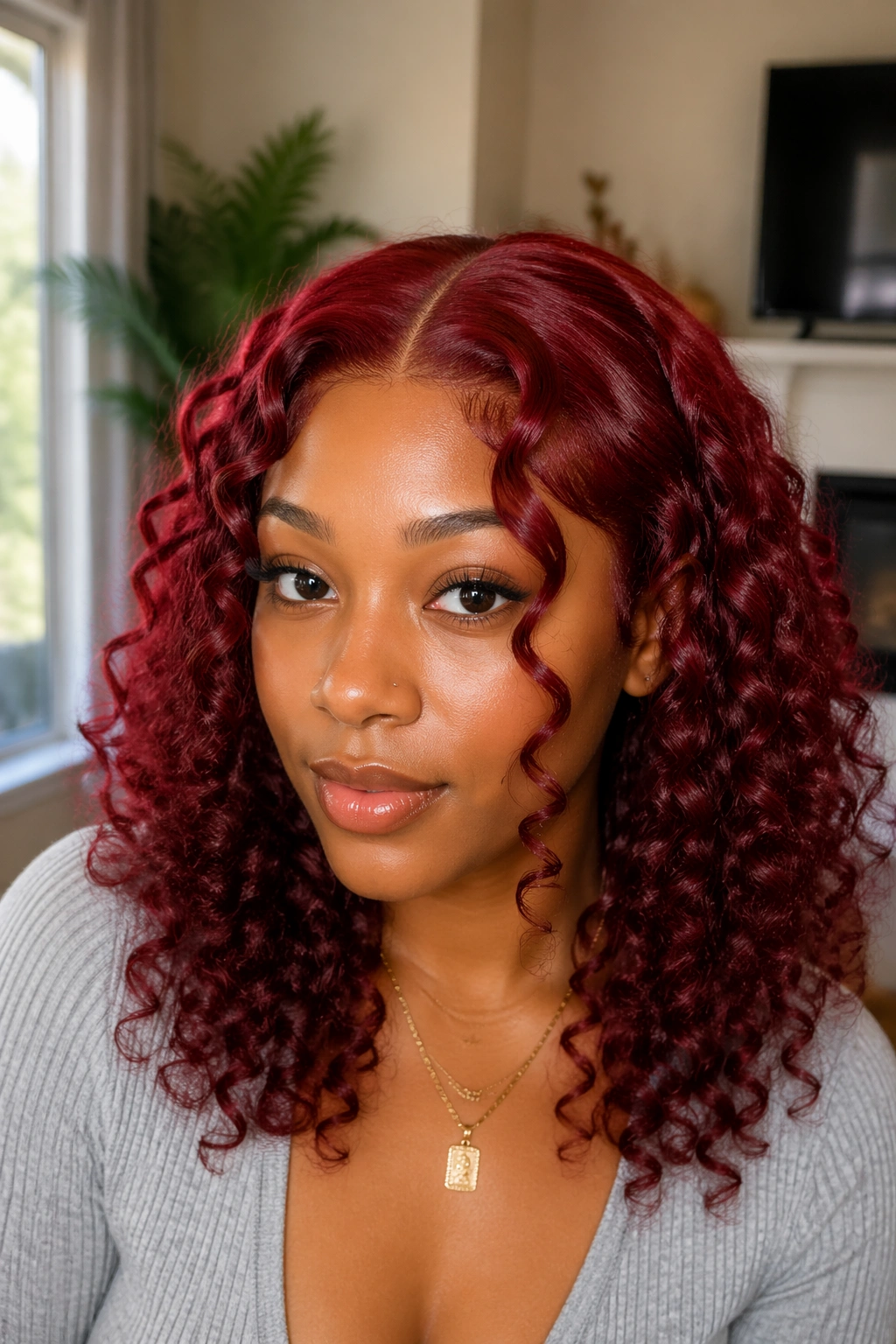 Real person wearing a middle-part red lace-front wig with face-framing spirals.