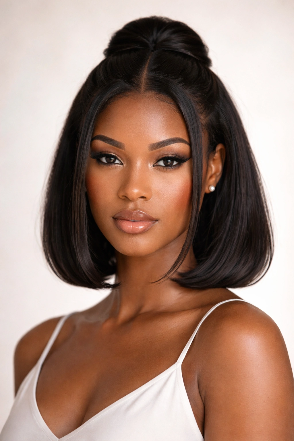 Middle-part half-up bob with tucked ends in studio