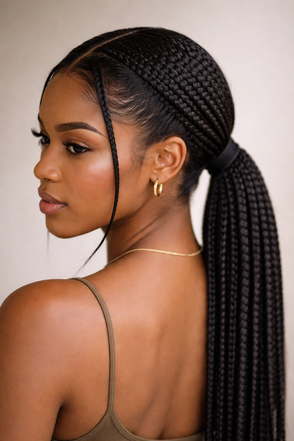Close-up of a head with a middle-part low knotless braid ponytail, symmetrical and neat
