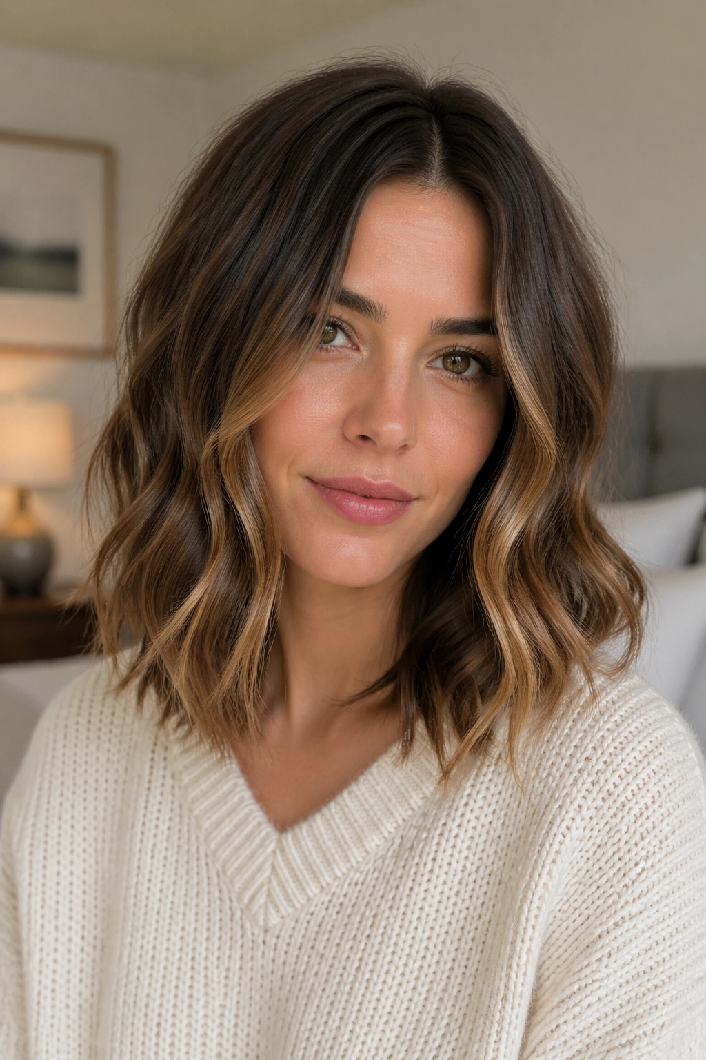 Close-up portrait of a real woman with a middle-part lob and classic waves by a window