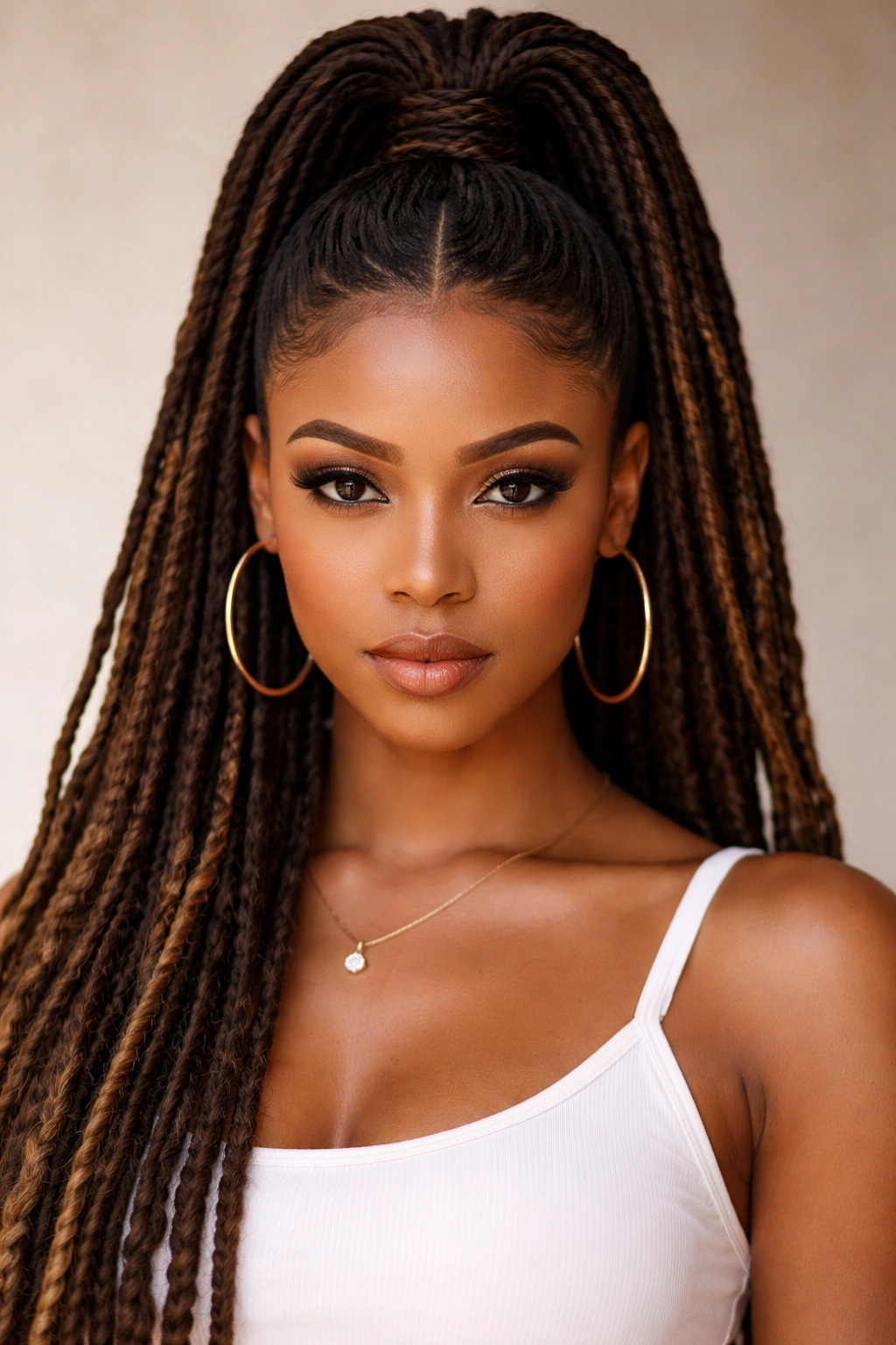 High ponytail with a clean middle part and symmetric front sections