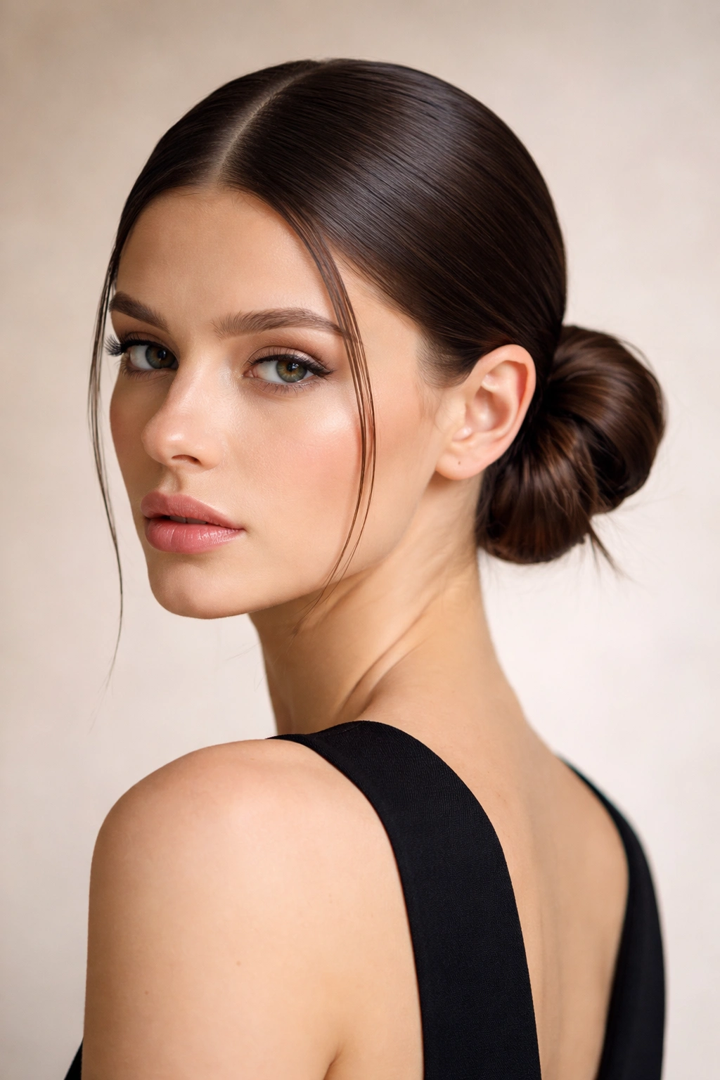 Front view of a centered middle-part sleek loop bun with ends tucked