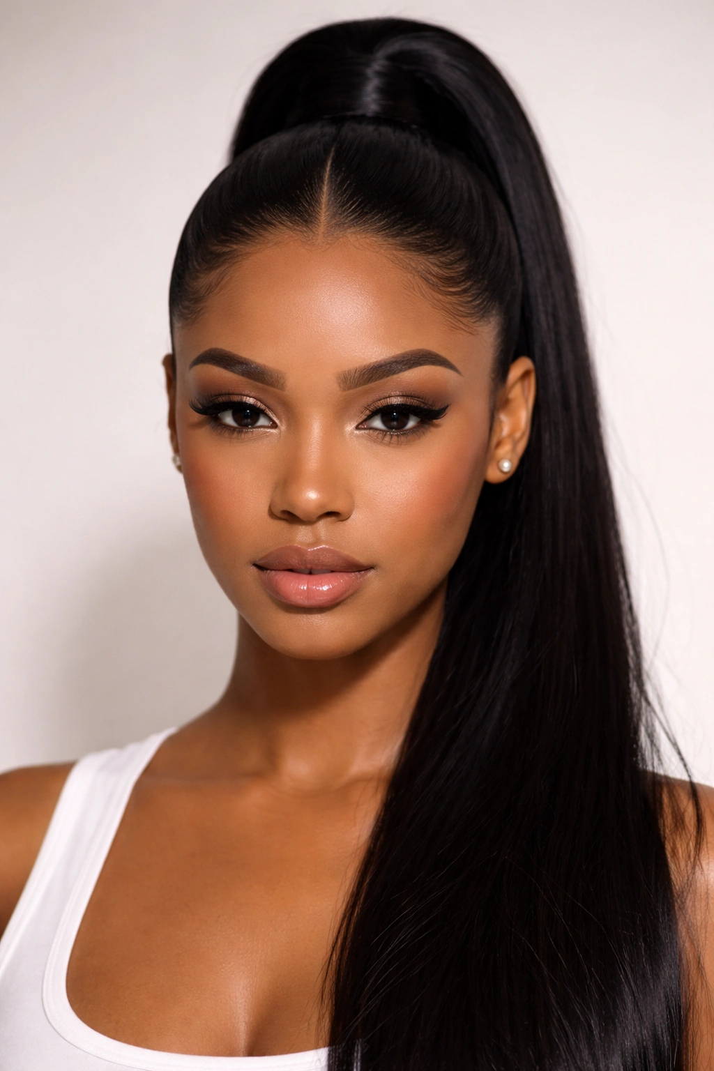 Center-parted sleek pony with perfect root alignment