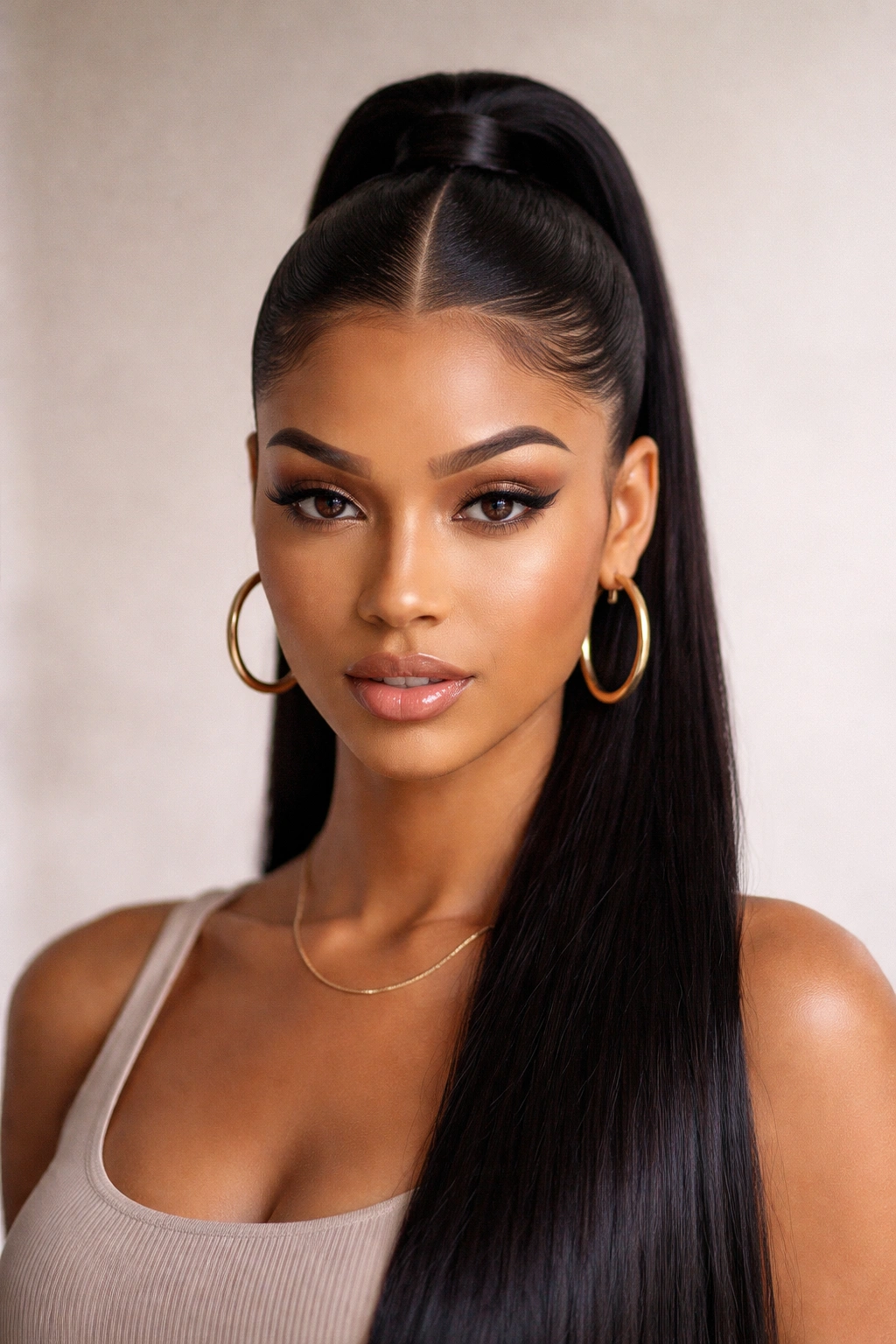 Front view of a sleek middle-part ponytail with a flat, uninterrupted part.
