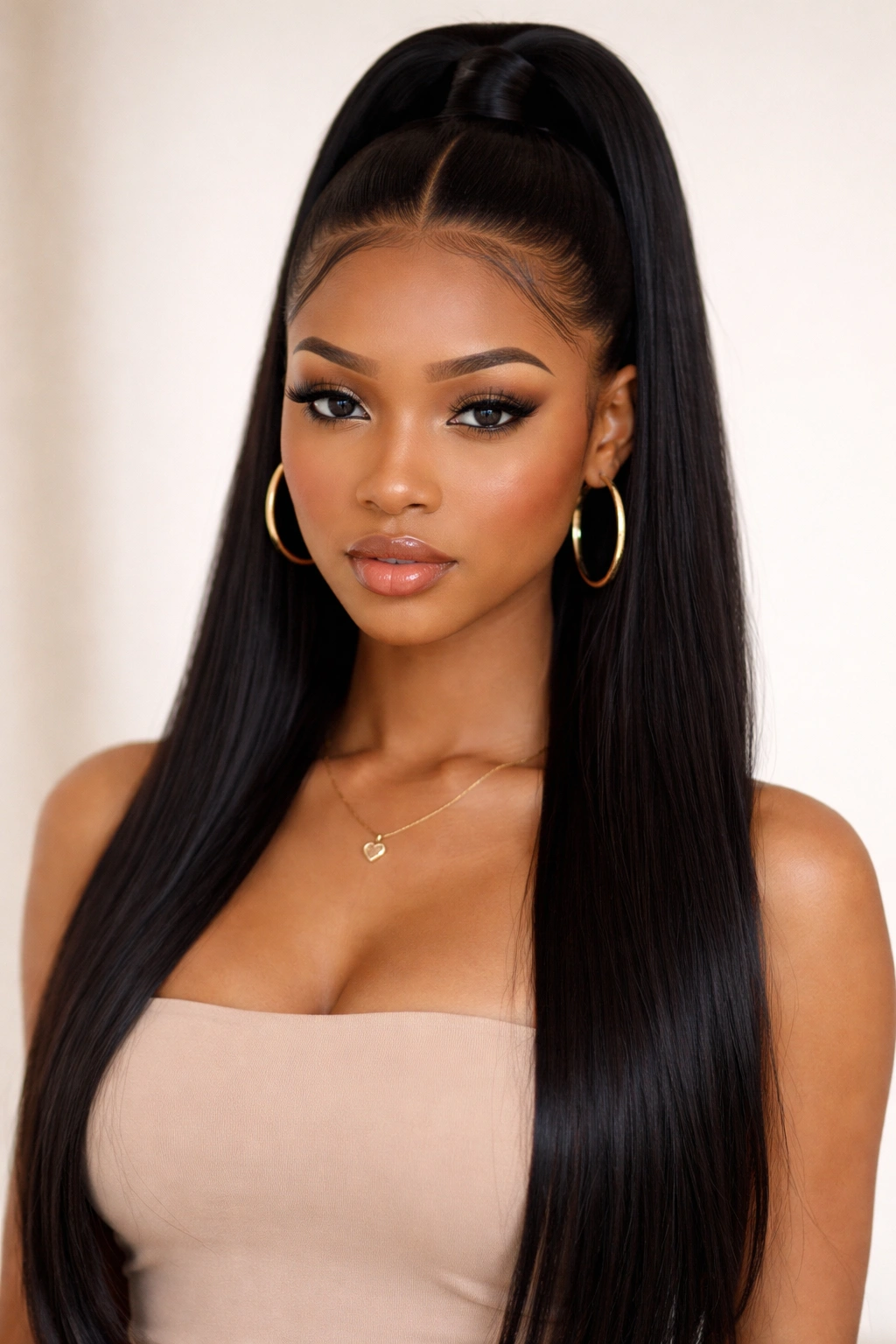 Sleek middle part ponytail with half-up twist and sharp part