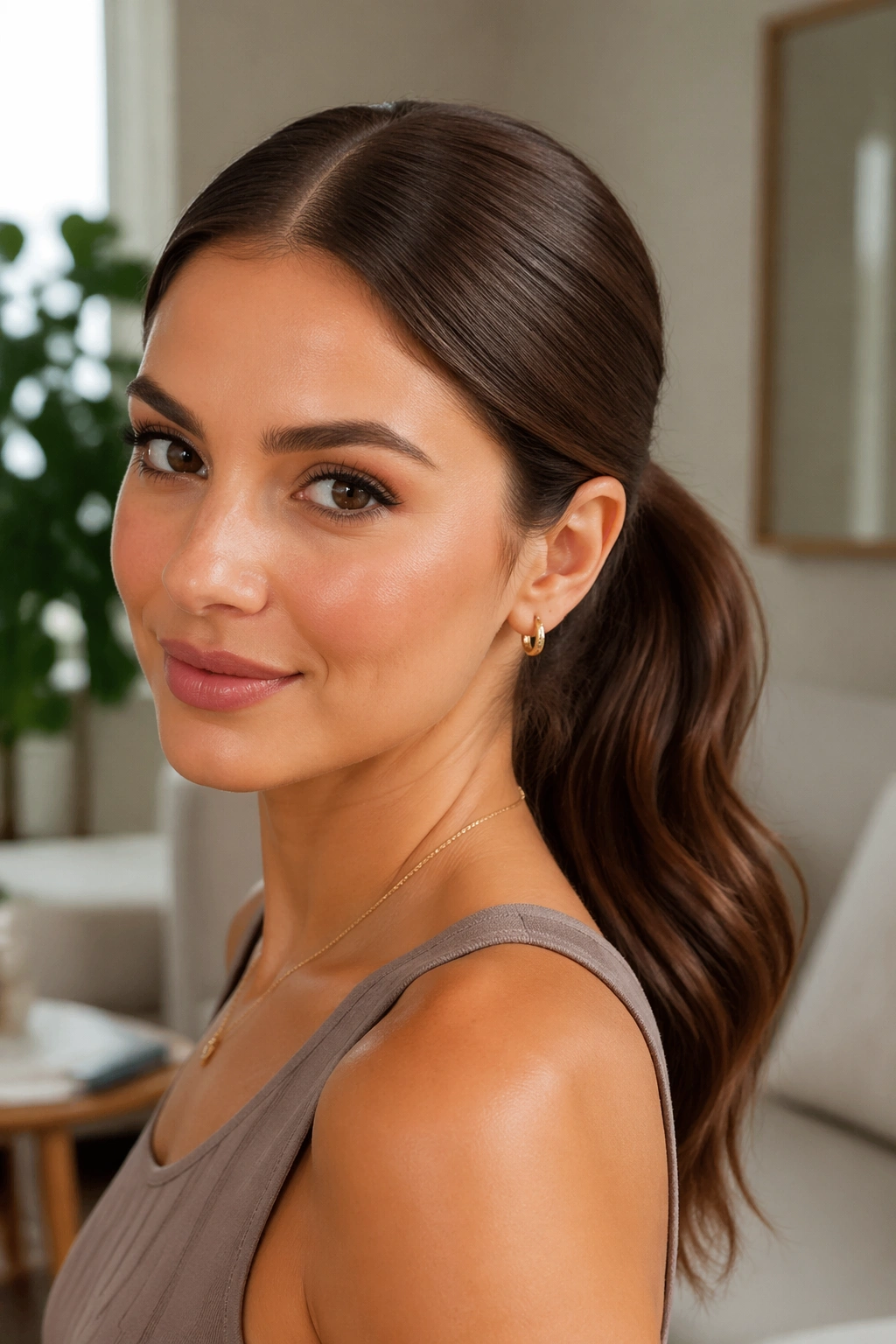 Close-up of a real woman with a chestnut middle-part ponytail