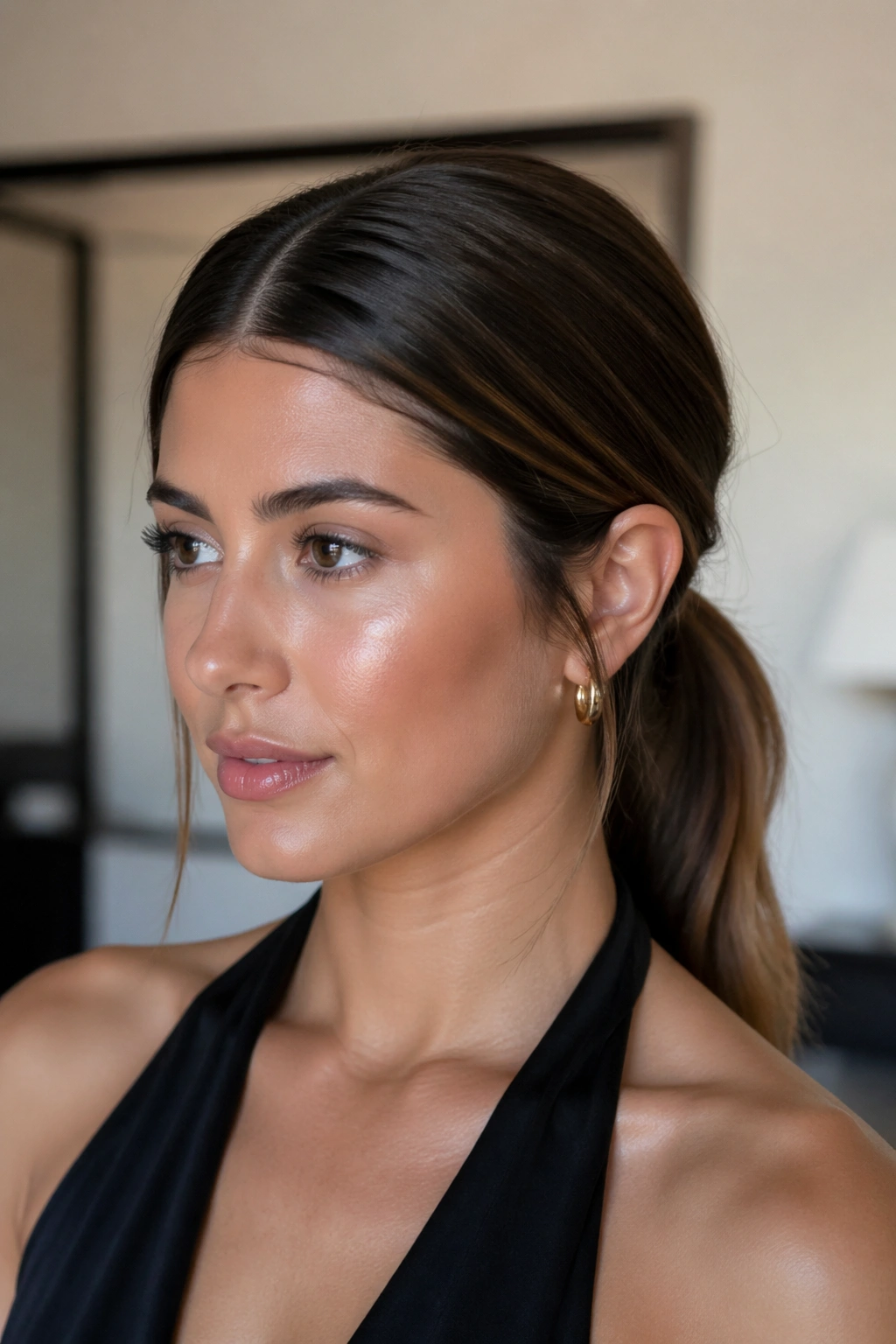 Close-up of a real woman with a middle-part low ponytail, crisp part and low tie at the neck.