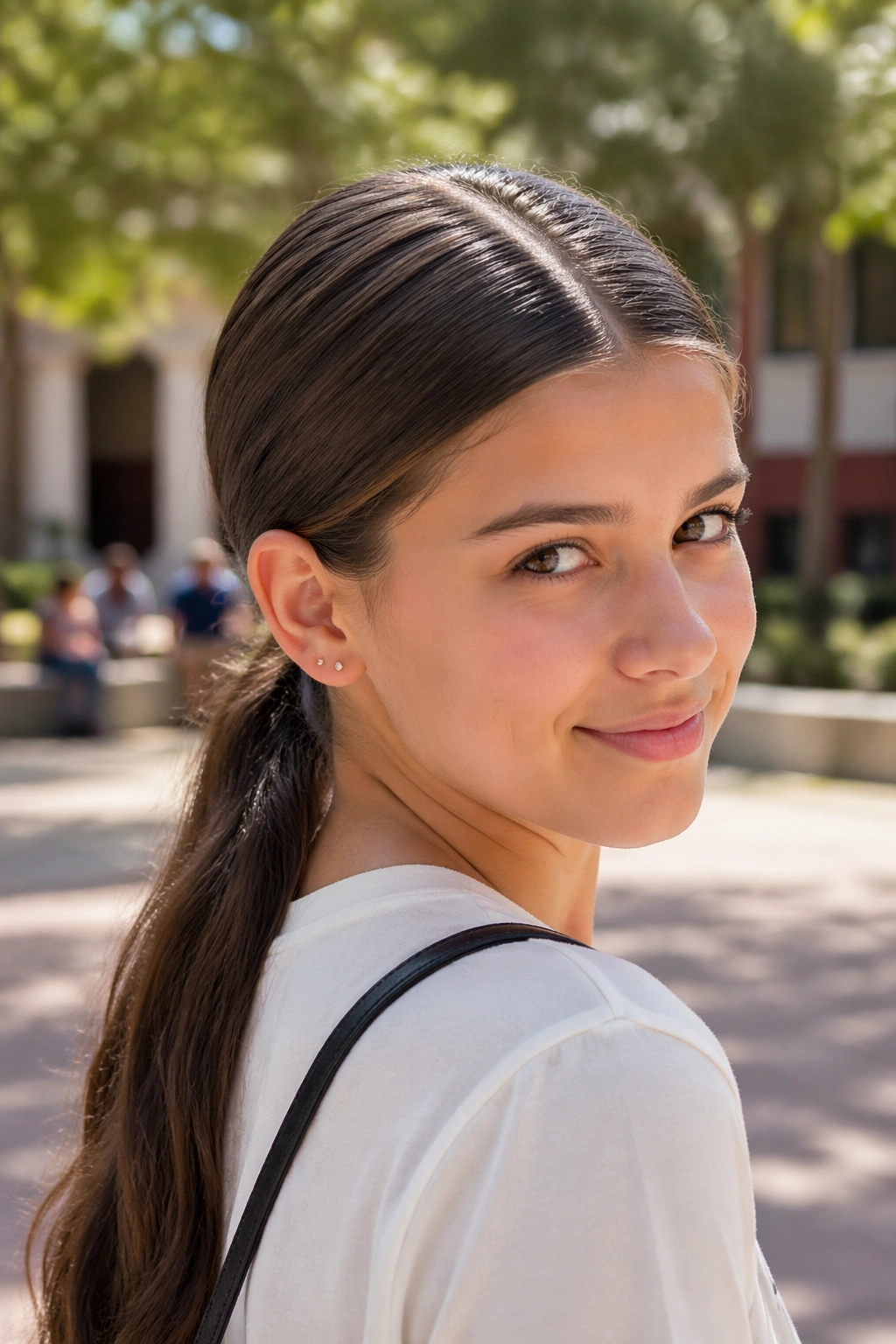 Close-up of a teen girl with a center-part and low ponytail in a sunlit courtyard