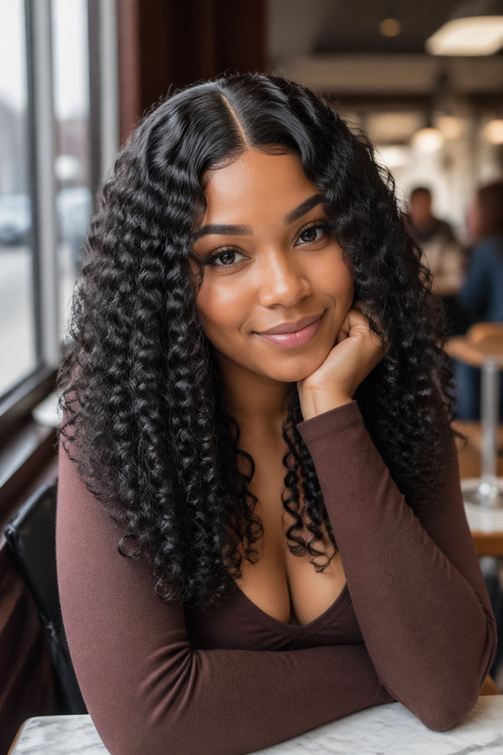 Symmetrical middle part with defined ringlets in cafe light